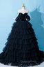 Black Tulle Layers Long Evening Dress, Black A-Line Strapless Evening Dress