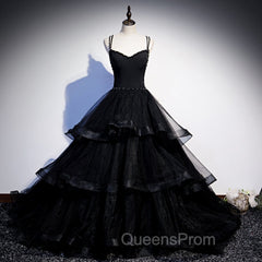 Black Tulle Layers Straps Beaded Long Evening Dress, Black Evening Dress Evening Prom Dress