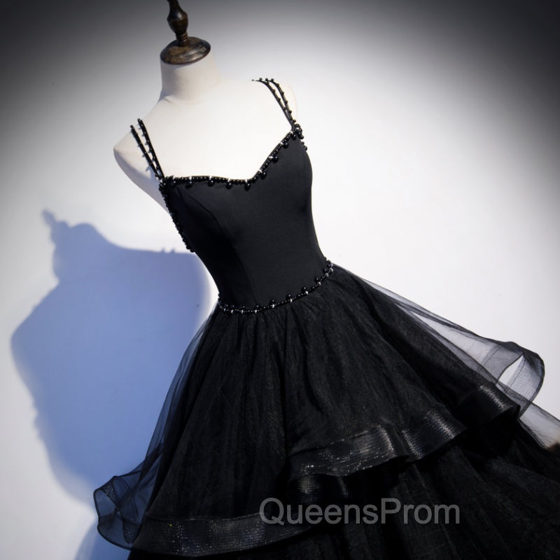Black Tulle Layers Straps Beaded Long Evening Dress, Black Evening Dress Evening Prom Dress