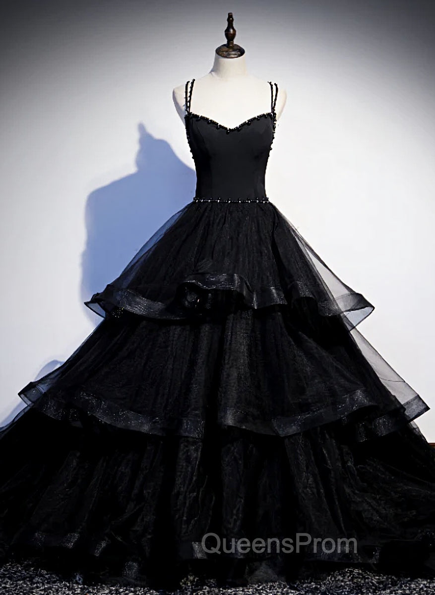 Black Tulle Layers Straps Beaded Long Evening Dress, Black Evening Dress Evening Prom Dress Main image