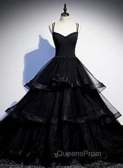 Black Tulle Layers Straps Beaded Long Evening Dress, Black Evening Dress Evening Prom Dress