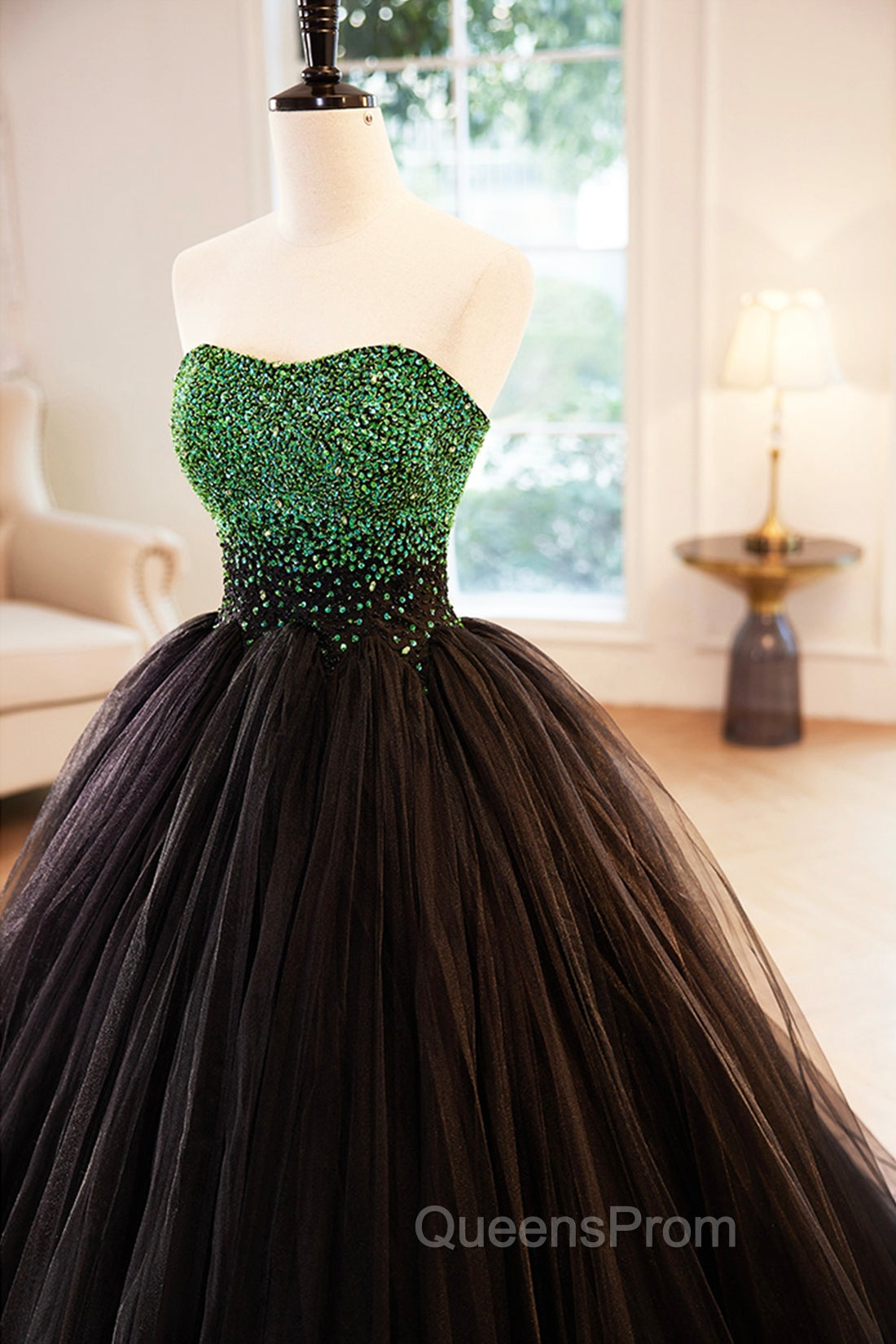 Black Tulle Long Evening Dress with Green Beaded, Black Strapless Evening Prom Dress Secondary image