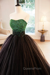 Black Tulle Long Evening Dress with Green Beaded, Black Strapless Evening Prom Dress