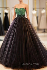 Black Tulle Long Evening Dress with Green Beaded, Black Strapless Evening Prom Dress