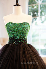 Black Tulle Long Evening Dress with Green Beaded, Black Strapless Evening Prom Dress