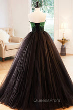 Black Tulle Long Evening Dress with Green Beaded, Black Strapless Evening Prom Dress