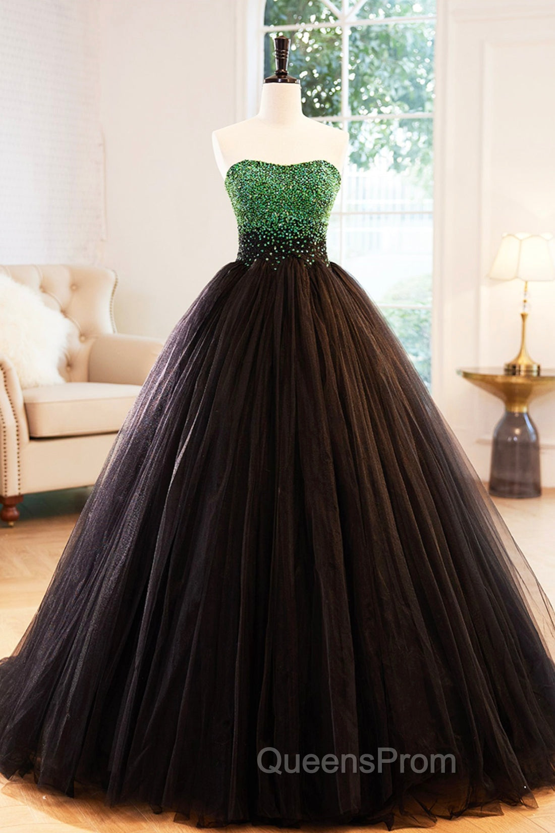 Black Tulle Long Evening Dress with Green Beaded, Black Strapless Evening Prom Dress Main image