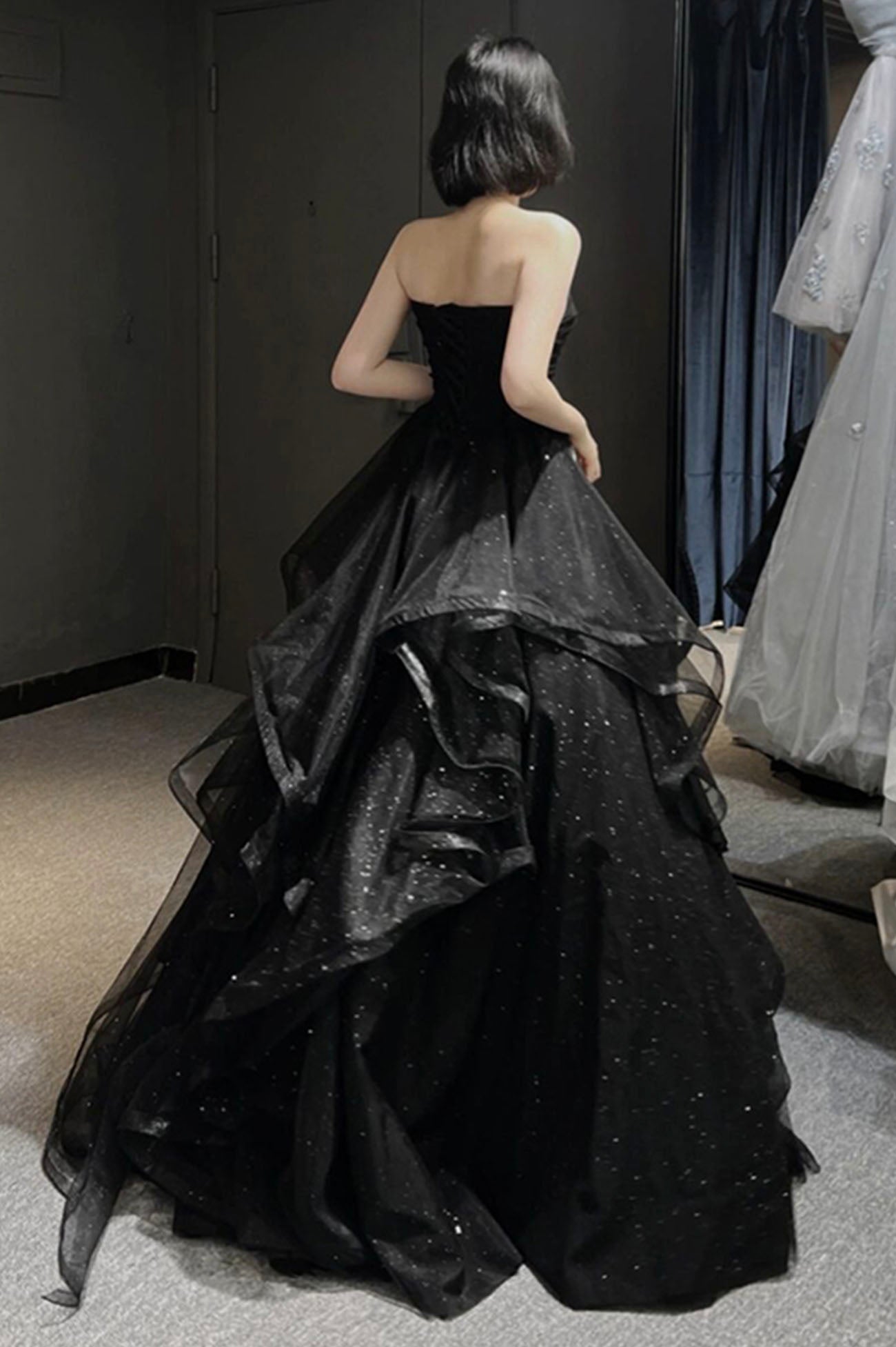 Black Tulle Layers Long A-Line Classy Prom Dress, Black Strapless Classy Evening Dress Secondary image