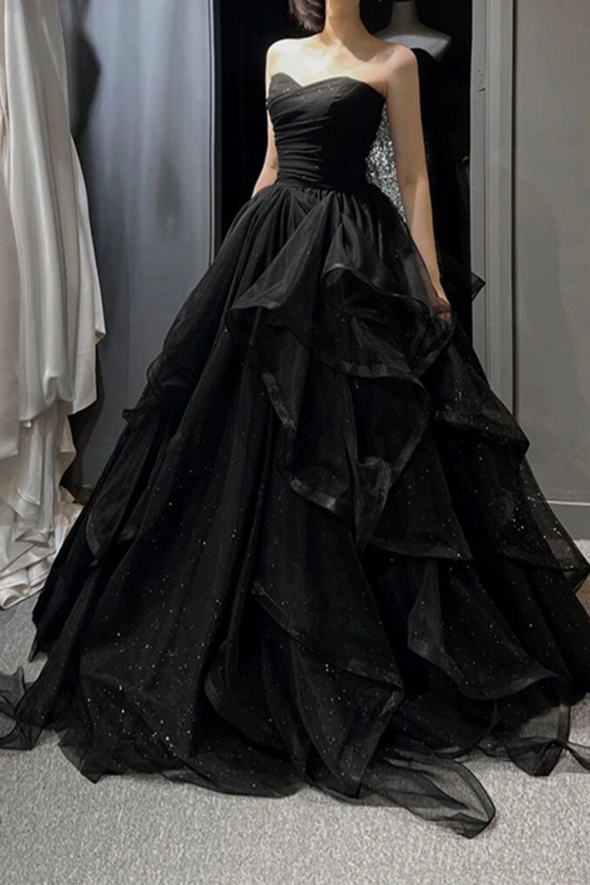 Black Tulle Layers Long A-Line Classy Prom Dress, Black Strapless Classy Evening Dress