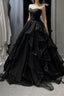 Black Tulle Layers Long A-Line Classy Prom Dress, Black Strapless Classy Evening Dress
