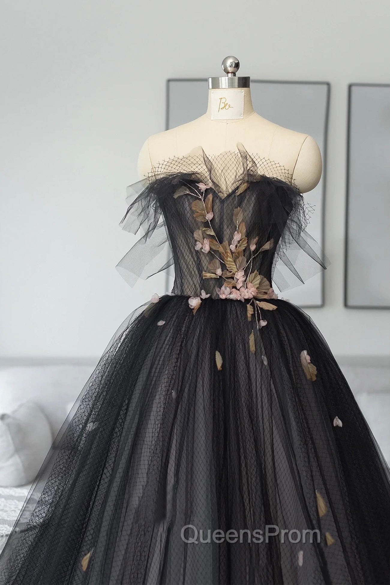 Black Tulle Long Evening Prom Dress, Black A-Line Strapless Evening Dress Secondary image