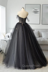 Black Tulle Long Evening Prom Dress, Black A-Line Strapless Evening Dress