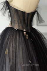 Black Tulle Long Evening Prom Dress, Black A-Line Strapless Evening Dress