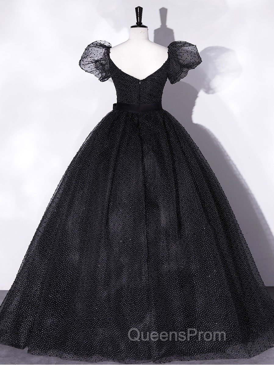 Black Tulle Long Evening Prom Dress, Black Puff Sleeves Long Sweet 16 Dress Secondary image