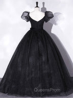 Black Tulle Long Evening Prom Dress, Black Puff Sleeves Long Sweet 16 Dress