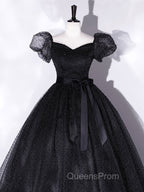 Black Tulle Long Evening Prom Dress, Black Puff Sleeves Long Sweet 16 Dress