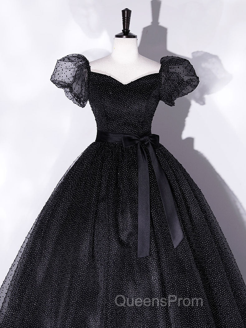 Black Tulle Long Evening Prom Dress, Black Puff Sleeves Long Sweet 16 Dress
