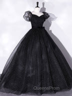 Black Tulle Long Evening Prom Dress, Black Puff Sleeves Long Sweet 16 Dress