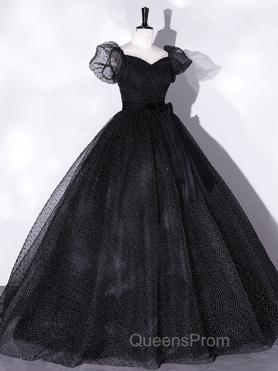 Black Tulle Long Evening Prom Dress, Black Puff Sleeves Long Sweet 16 Dress