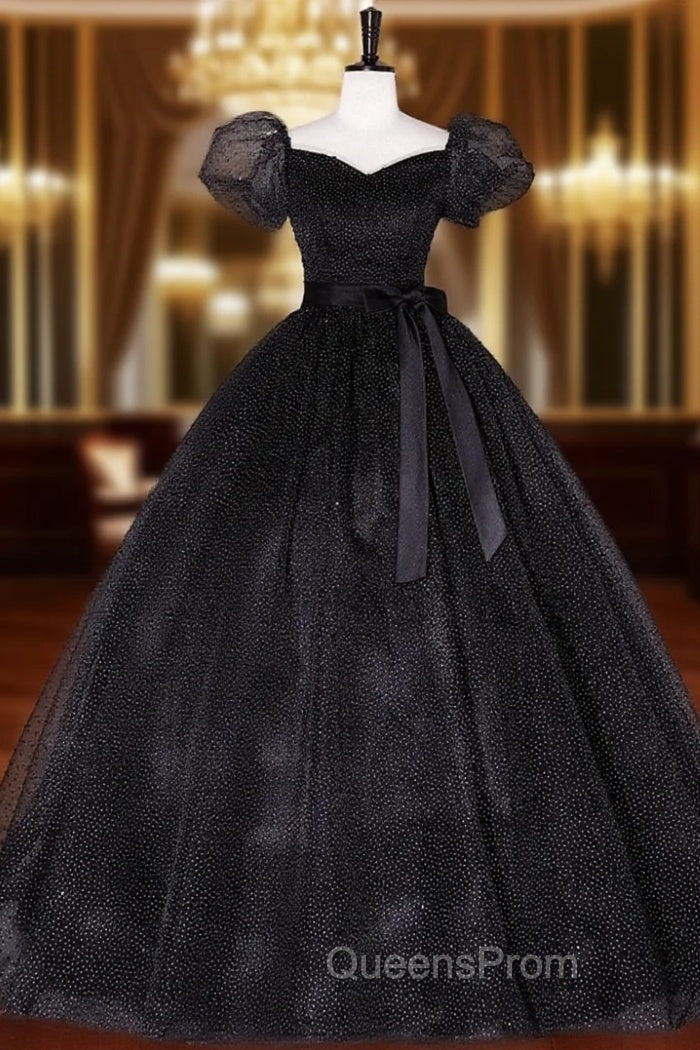 Black Tulle Long Evening Prom Dress, Black Puff Sleeves Long Sweet 16 Dress Main image