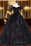 Black Tulle Long Evening Prom Dress, Black Puff Sleeves Long Sweet 16 Dress