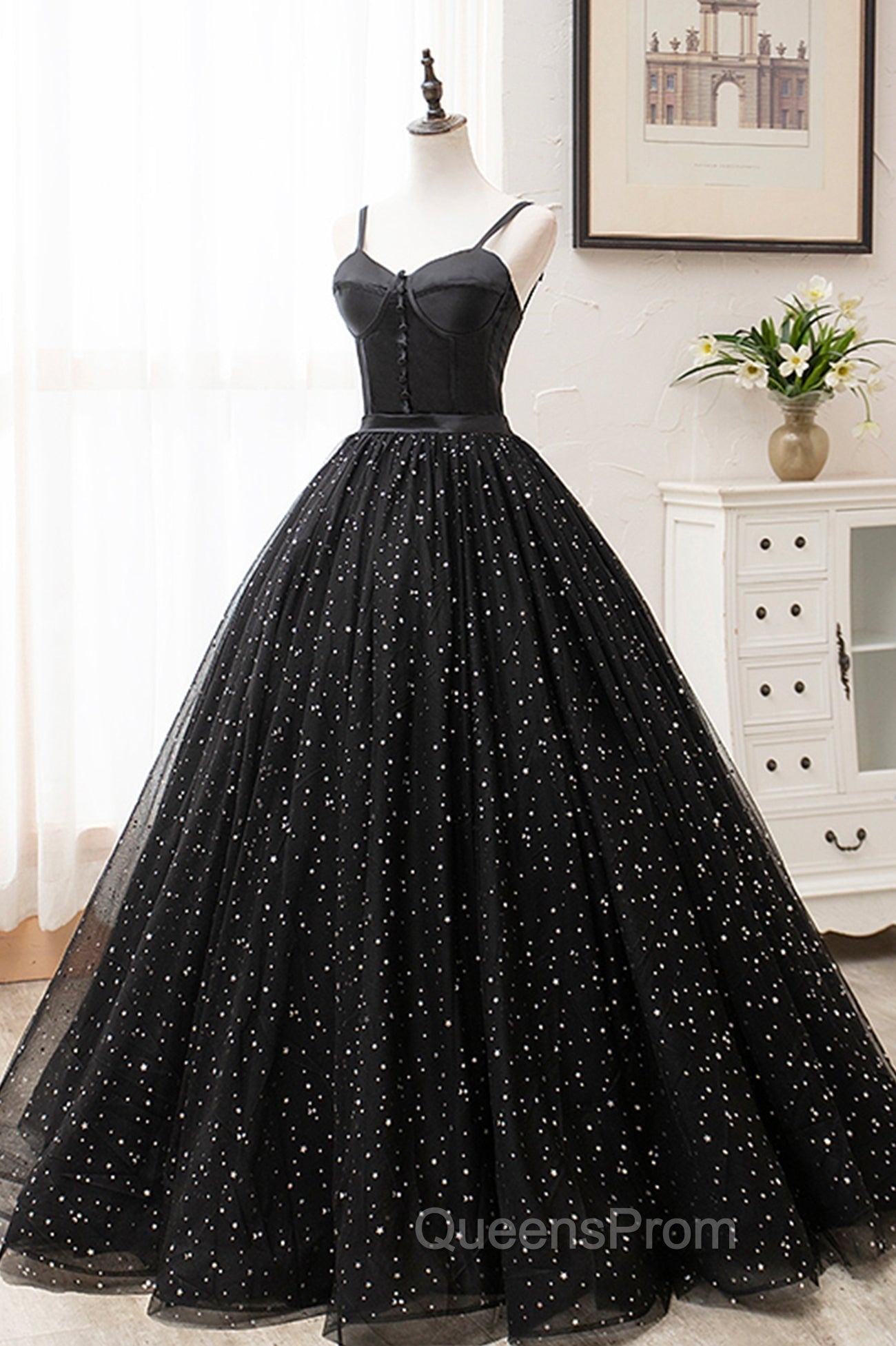 Black Tulle Long Evening Prom Dress, Black Spaghetti Straps Evening Gown Secondary image