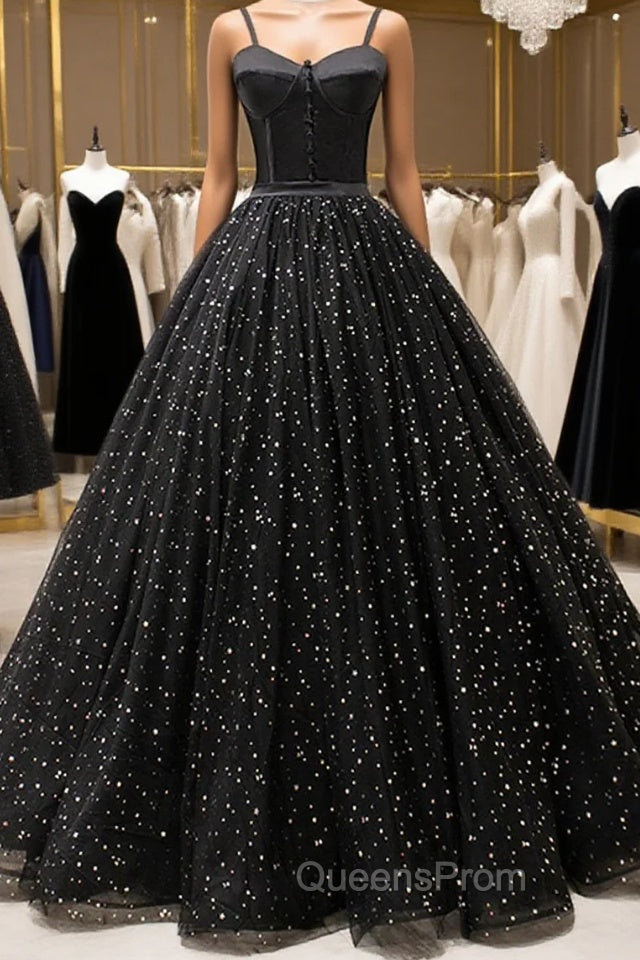 Black Tulle Long Evening Prom Dress, Black Spaghetti Straps Evening Gown Main image