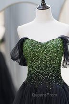 Black Tulle Long Evening Prom Dress with Beaded, Off the Shoulder Evening Dress