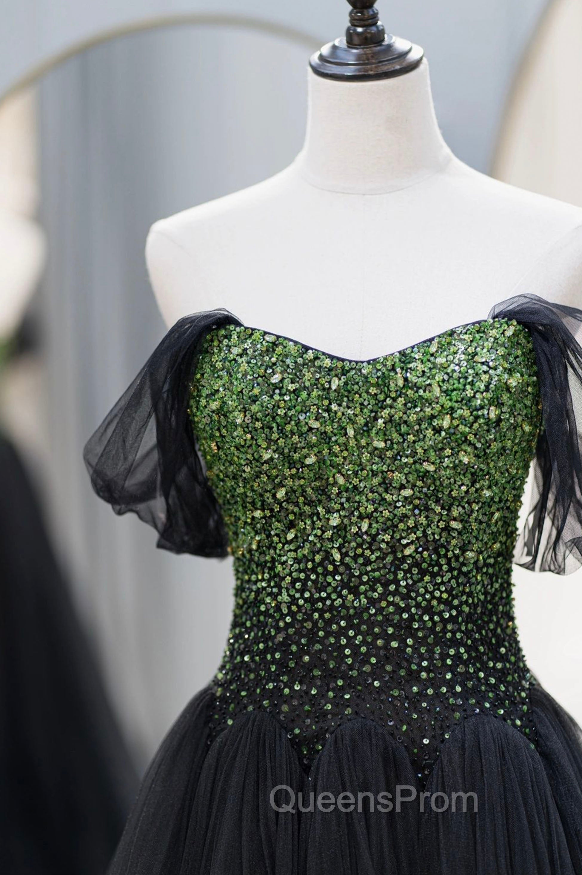 Black Tulle Long Evening Prom Dress with Beaded, Off the Shoulder Evening Dress