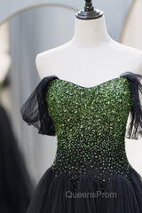 Black Tulle Long Evening Prom Dress with Beaded, Off the Shoulder Evening Dress