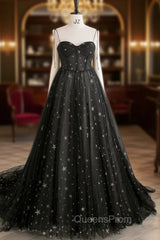 Black Tulle Long Evening Prom Dress with Stars, Cute Spaghetti Straps Graduation Dress
