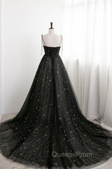 Black Tulle Long Evening Prom Dress with Stars, Cute Spaghetti Straps Graduation Dress