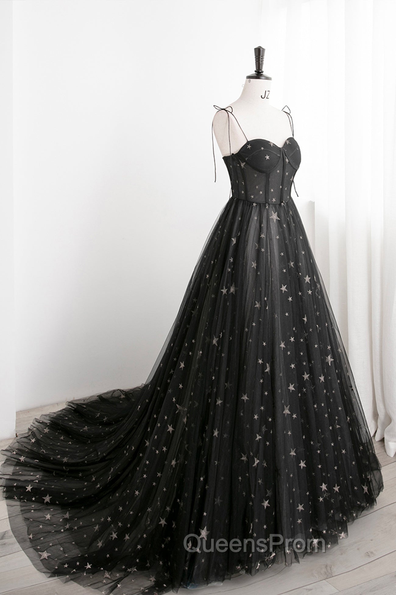 Black Tulle Long Evening Prom Dress with Stars, Cute Spaghetti Straps Graduation Dress Main image