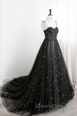 Black Tulle Long Evening Prom Dress with Stars, Cute Spaghetti Straps Graduation Dress