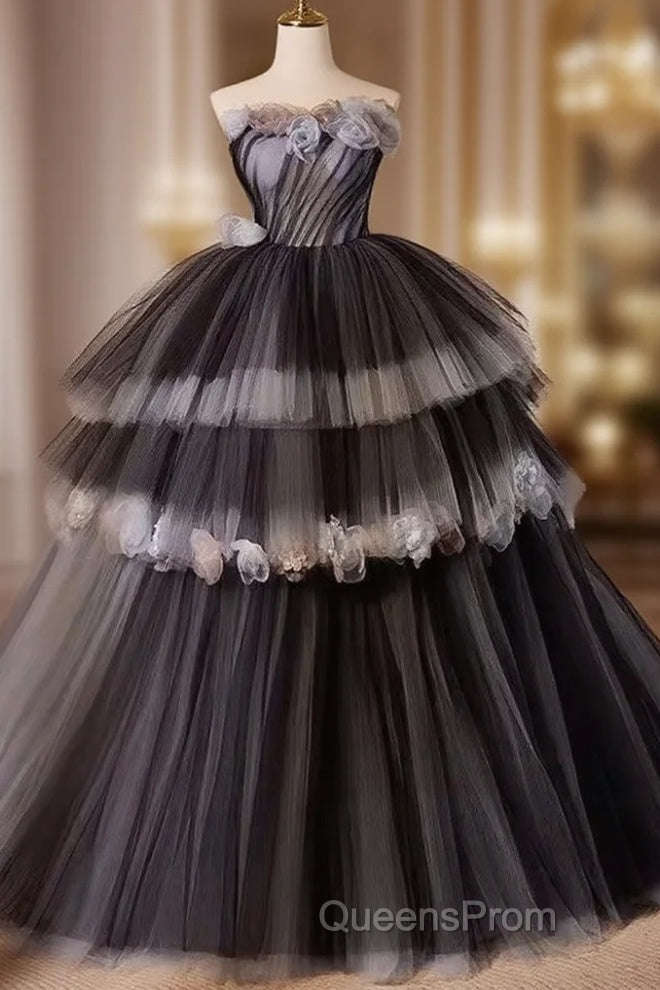 Black Tulle Long Evening Prom Gown, Black Tulle Evening Dress Main image