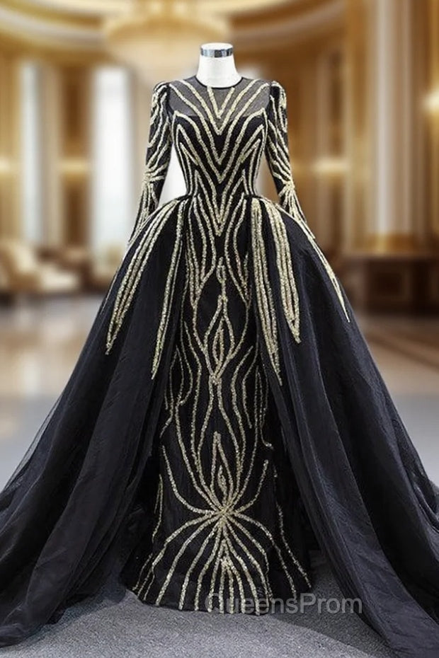 Black Tulle Mermaid Long Sleeve Beading Sequins Evening Prom Dress With Detachable Train