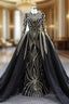Black Tulle Mermaid Long Sleeve Beading Sequins Evening Prom Dress With Detachable Train