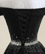 Black Tulle Off Shoulder Beaded Party Dress , Black New Dress for Party