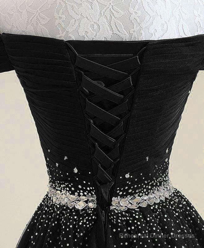 Black Tulle Off Shoulder Beaded Party Dress , Black New Dress for Party