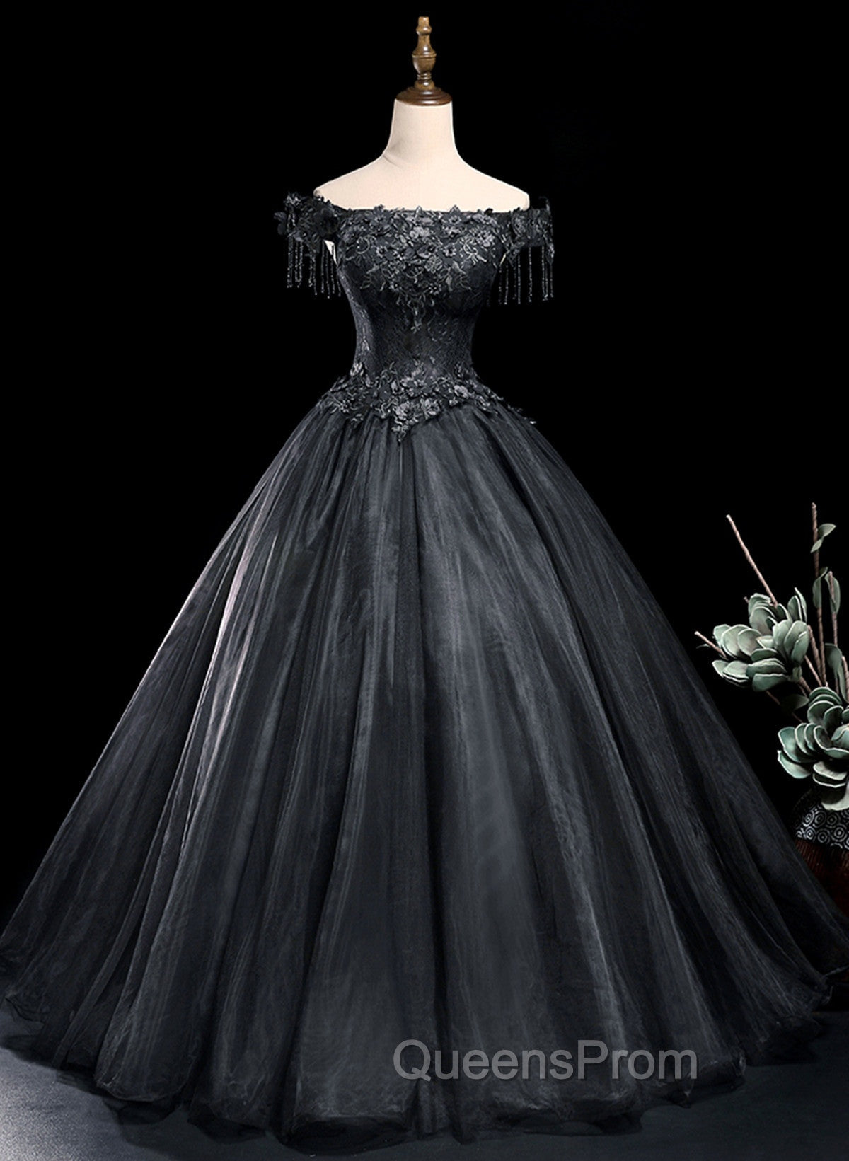 Black Tulle Off Shoulder with Lace Applique Party Dress, Black Tulle Long Sweet 16 Dress