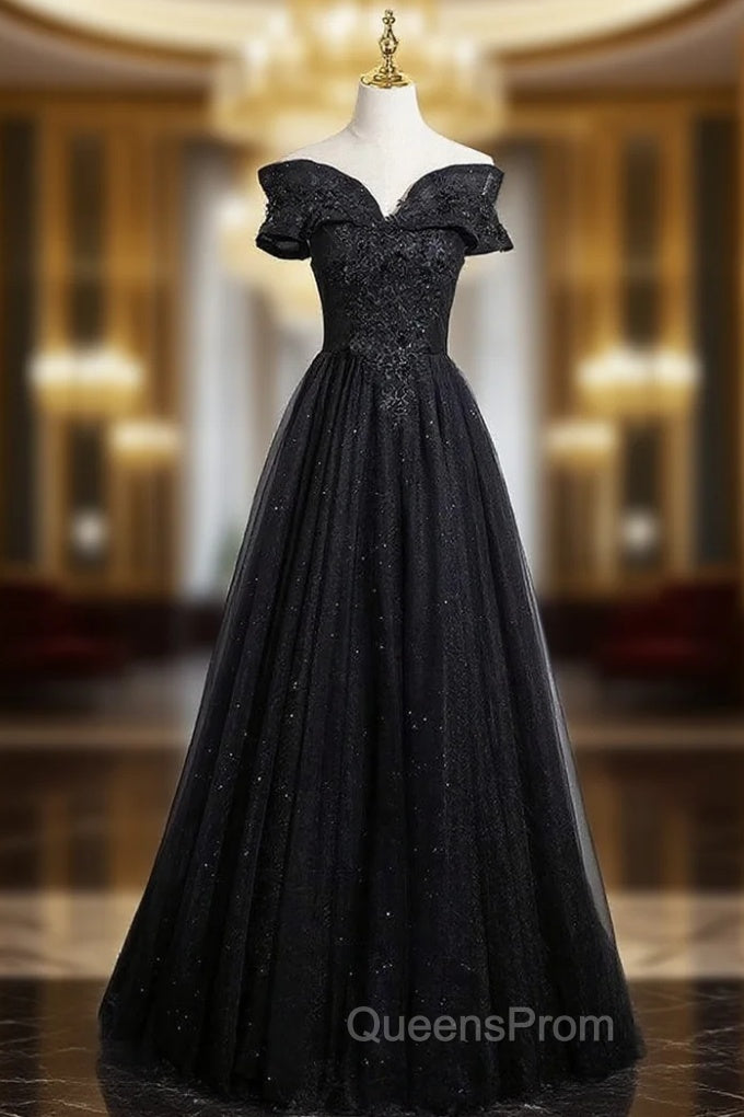 Black Tulle Off the Shoulder Appliques Evening Prom Dress