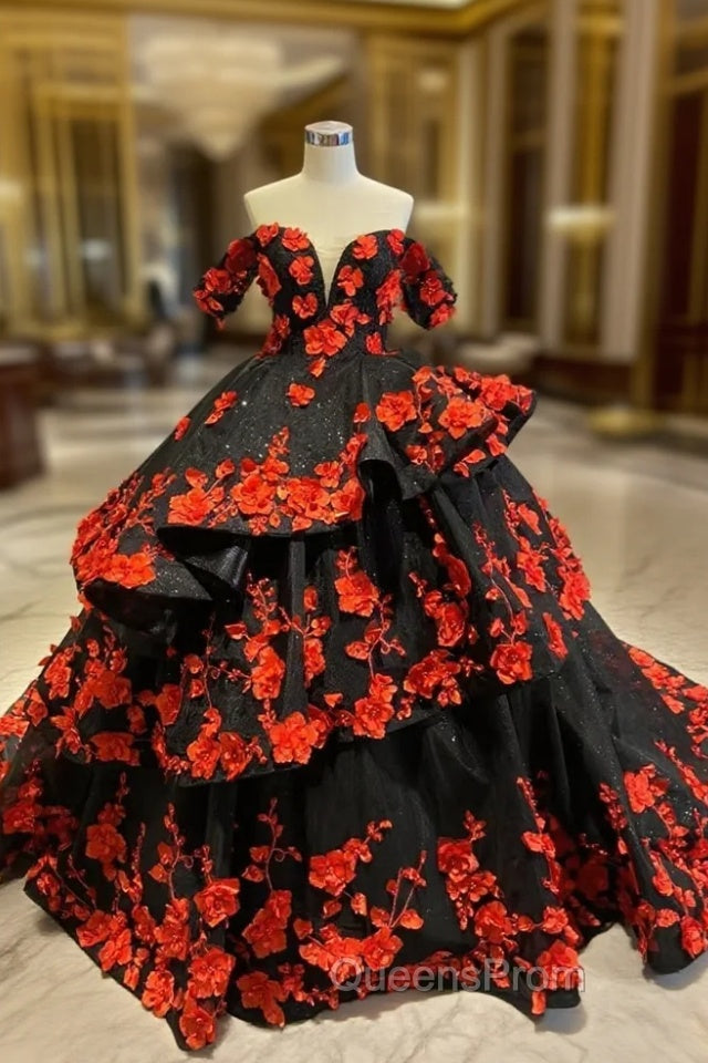 Black Tulle Off the Shoulder Red 3D Appliques Evening Prom Dress