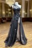 Black Tulle one Shoulder Appliques Split Evening Prom Dress