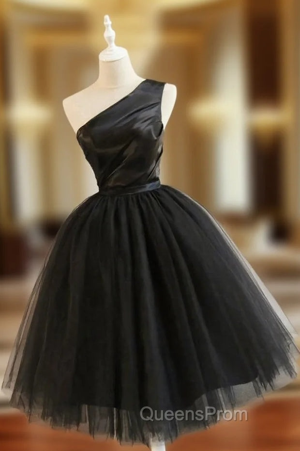 Black Tulle One Shoulder Elegant Tea Length Party Dress, Black Evening Dress Main image
