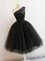 Black Tulle One Shoulder Elegant Tea Length Party Dress, Black Evening Dress