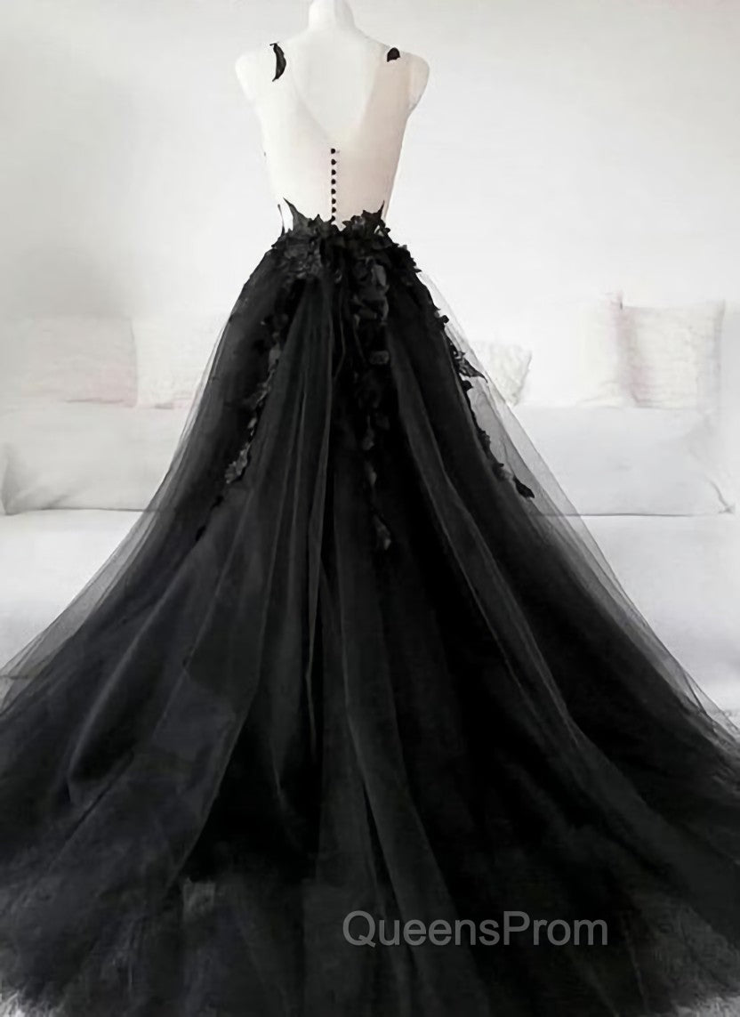 Black Tulle Party Dress with Lace Long Evening Prom Dress, Pretty Black Evening Dress Secondary image
