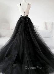 Black Tulle Party Dress with Lace Long Evening Prom Dress, Pretty Black Evening Dress