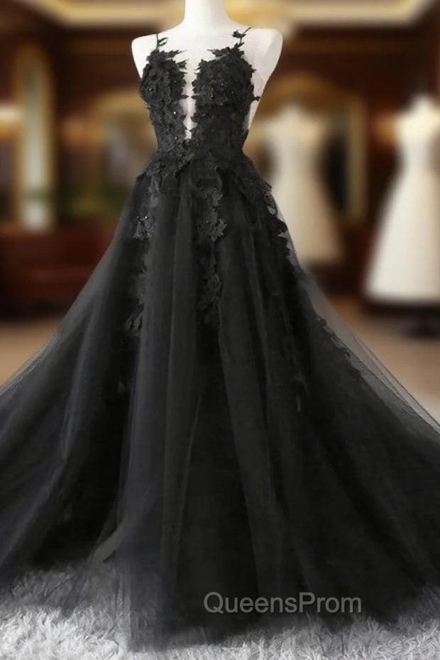 Black Tulle Party Dress with Lace Long Evening Prom Dress, Pretty Black Evening Dress Main image