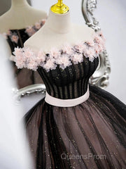 Black Tulle & Pink Flowers Sparkle Evening Prom Dress