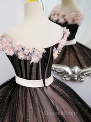 Black Tulle & Pink Flowers Sparkle Evening Prom Dress